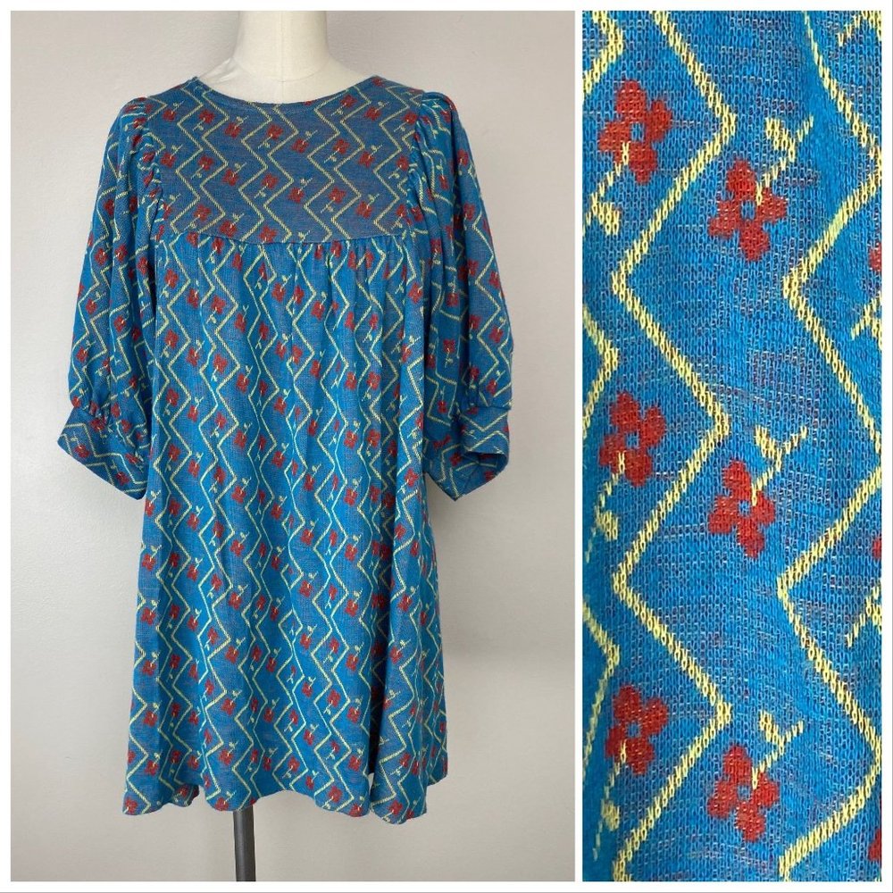Vintage 1960s/70s Alvin Duskin Mini Dress, Blue Floral Knit, Size XS/S
